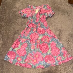 Kormei Pink Blue Floral Fit Flare Dress Short Sleeve Lightweight Summer SIZE L